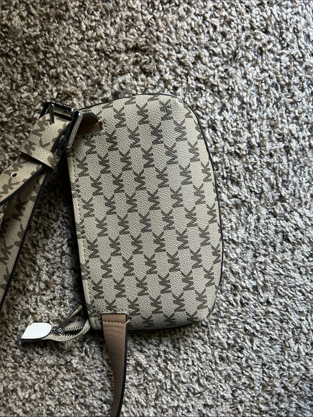 Michael Kors Tan Monogram Crossbody with White Center Stripe